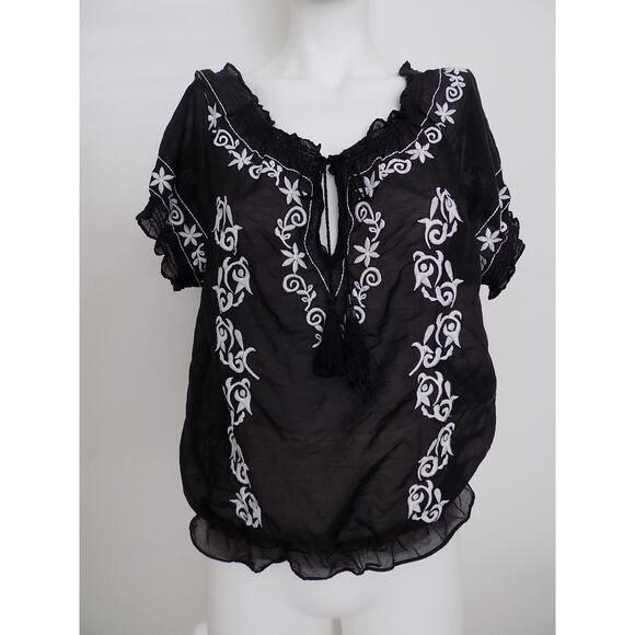 Cache embroidered blouse black shirt short sleeve silk blend size Medium - Picture 2 of 9